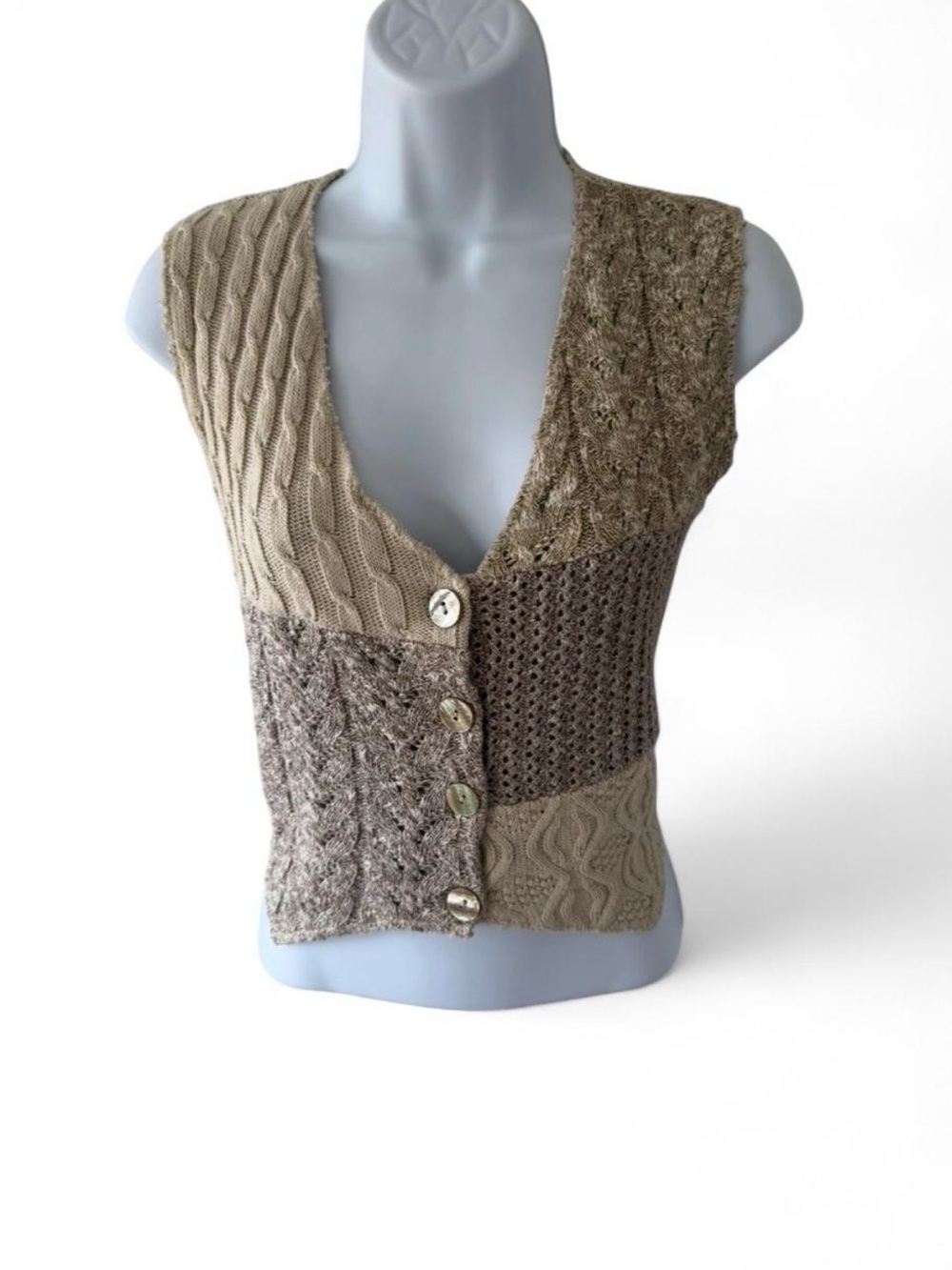 Neutral Patchwork Knit V-Neck Vest - Beige/Taupe